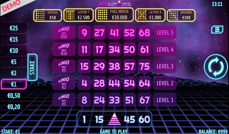 The payouts for the slingo advance slot game.