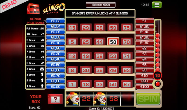 The payout information for Deal or No Deal Slingo