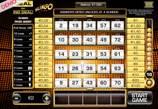 Slingo Deal or No Deal game demo